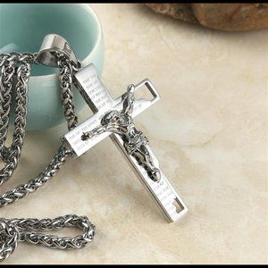 Men's Stainless Steel Cross Crucifix Bible Prayer Pendant Necklace 22+2" Chain